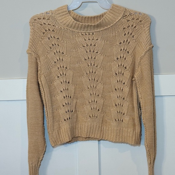 Free People Tan Knit Sweater XS Boho Open Stitch Pullover - Picture 2 of 6